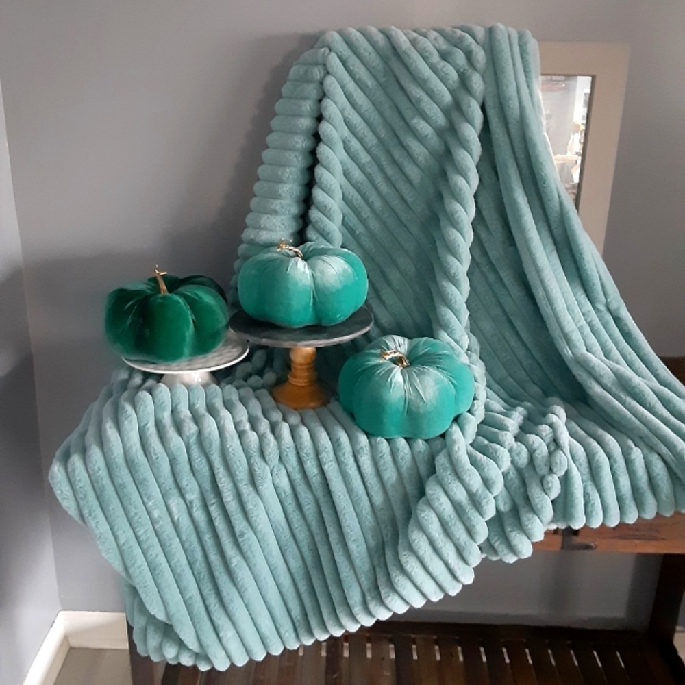 Coastal Fall Decor Plush Throw & Large Pumpkins 4pc Bundle